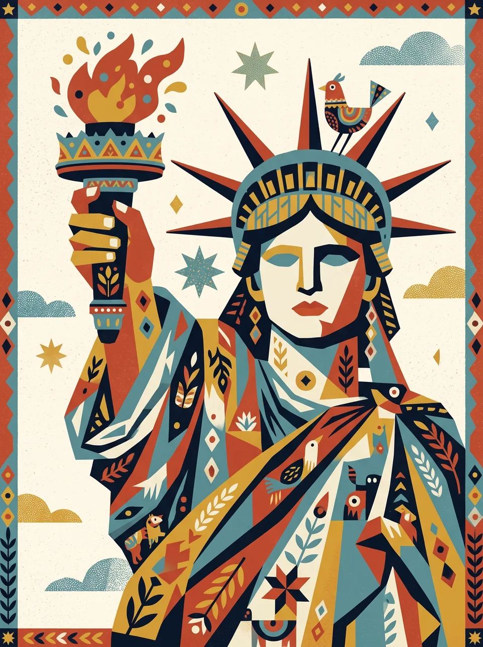 The Statue of Liberty reimagined in geometric navy, terracotta, mustard and teal, surrounded by flowers, stars and birds.